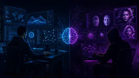 A split illustration showing a cybersecurity analyst using AI tools on screens, while the other side depicts abstract representations of an attacker generating malware. The background is dark with vibrant colors.