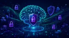 An abstract digital illustration of an AI brain network intertwined with digital locks, on a dark navy background with vibrant colors. It depicts AI and cybersecurity themes with flowing data streams.