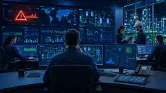 An industrial control room scene with a central figure analyzing screens, surrounded by team members coordinating responses. Graphs and schematics are visible in vibrant colors against a dark background.