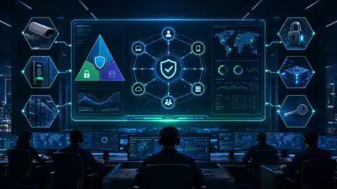 A digital security operations center with a large interface showing security concepts like CIA triad, surrounded by abstract representations of security controls and cryptographic elements.