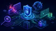 An abstract digital illustration showing interconnected cybersecurity elements like firewalls and data encryption on a dark background, using vibrant colors to convey a technical theme.