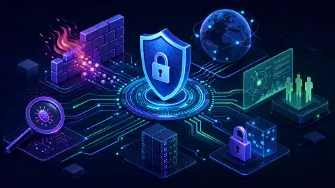 An abstract digital illustration showing interconnected cybersecurity elements like firewalls and data encryption on a dark background, using vibrant colors to convey a technical theme.
