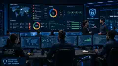 A modern security operations center with diverse cybersecurity professionals monitoring multiple screens filled with data, graphs, and alerts in a high-tech environment.