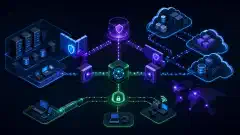 A digital illustration of a modern security architecture featuring interconnected components like firewalls, VPNs, and API gateways on a dark background with vibrant colors.