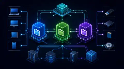 An illustration showing a modern computer file system architecture with glowing nodes representing FAT32, NTFS, and exFAT connected by arrows on a dark background.