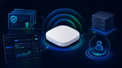 An illustration of an access point with glowing network signals, TLS certificate elements, and a conceptual user interface, set against a dark navy background with bright blue and green accents.