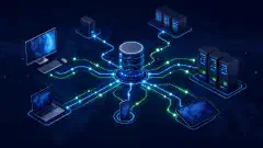 A digital illustration of a network diagram depicting interconnected devices like computers and servers, with glowing lines representing data flow, set against a dark navy background.