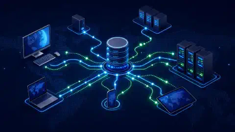 A digital illustration of a network diagram depicting interconnected devices like computers and servers, with glowing lines representing data flow, set against a dark navy background.