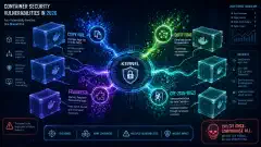 A digital illustration showing multiple glowing containers connected to a central kernel symbol, with colorful visual elements representing security vulnerabilities radiating from the kernel against a dark background.