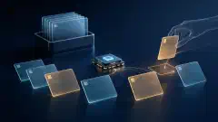 A luminous processor beside reordered translucent document cards and a separate archive stack on a dark surface