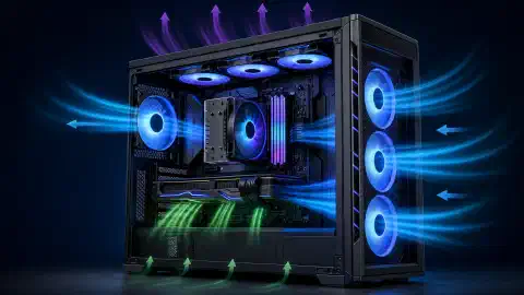 An illustration of a computer case's interior, featuring fans, heat sinks, and airflow patterns in vibrant colors against a dark background, highlighting the importance of cooling and ventilation.