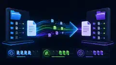 An illustration showing a computer interface with a source file on the left connected to a destination file on the right, and folders and files depicted in a vibrant color scheme against a dark background.