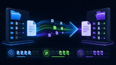 An illustration showing a computer interface with a source file on the left connected to a destination file on the right, and folders and files depicted in a vibrant color scheme against a dark background.