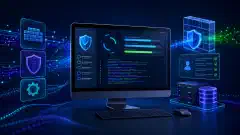 An illustration of a computer screen showing a security compliance interface with dynamic progress bars and data streams, set against a deep navy background with vibrant accent colors.