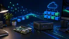An illustration showing a Raspberry Pi and a mini PC in a workspace, with colorful data flow graphics on a dark background, representing passive income generation technology.