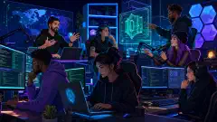An illustration of diverse cybersecurity content creators in a modern workspace, coding and streaming. Screens show code and security tools, with vibrant colors against a dark background.