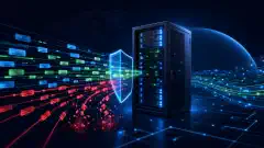An illustration of a modern server rack with glowing lights, surrounded by colorful data streams representing TCP packets, set against a dark navy background.