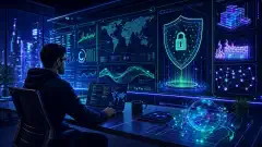 A cybersecurity professional working in a modern office, surrounded by holographic displays of data analytics and threat maps, with vibrant neon accents on a dark background.