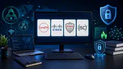 A digital workspace illustration featuring a computer screen with certification logos and icons related to cybersecurity, all set against a dark background with vibrant colors.