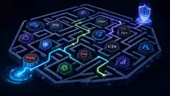 An illustration of a maze made from various cybersecurity certification icons against a dark background. The design features vibrant colors and symbolizes the journey of selecting certifications in 2026.