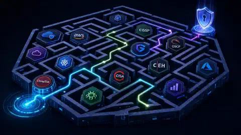 An illustration of a maze made from various cybersecurity certification icons against a dark background. The design features vibrant colors and symbolizes the journey of selecting certifications in 2026.