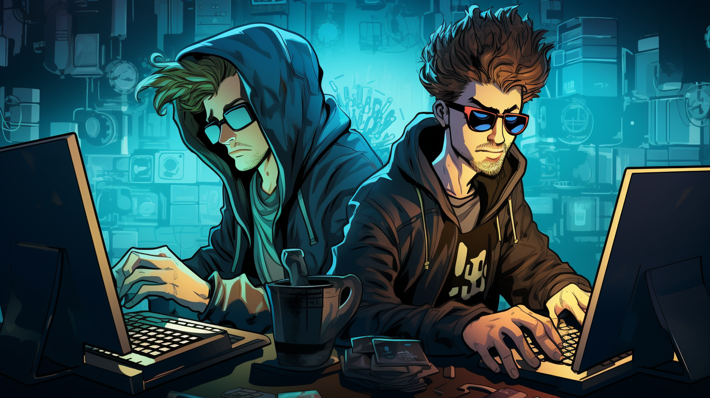A cartoon image featuring hackers at a keyboard, one typing while the other looks puzzled, in front of a computer screen with exaggerated code symbols.
