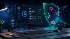 A modern workspace with a computer displaying cybersecurity tools, a smartphone showing two-factor authentication, and abstract representations of digital threats like malware and phishing, all set against a dark background.
