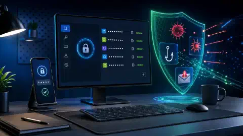 A modern workspace with a computer displaying cybersecurity tools, a smartphone showing two-factor authentication, and abstract representations of digital threats like malware and phishing, all set against a dark background.