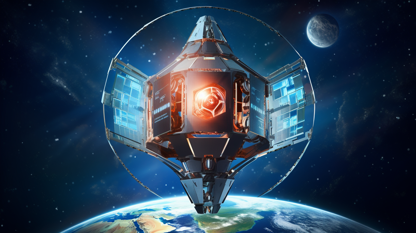 A symbolic artwork depicting a satellite with a shield protecting it from cyber threats.