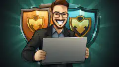 A cartoon hacker with a big grin holding a shield and a laptop.