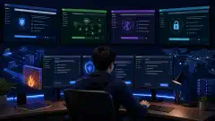 An illustration of a person taking a cybersecurity practice test at a desk with multiple colorful computer screens displaying certification interfaces on a dark background.