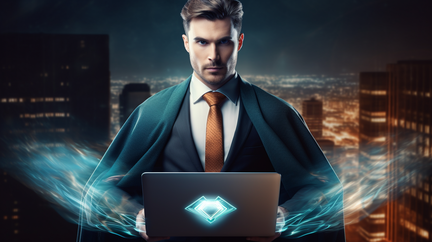 A cybersecurity professional wearing a cape and holding a laptop, standing guard against digital threats.