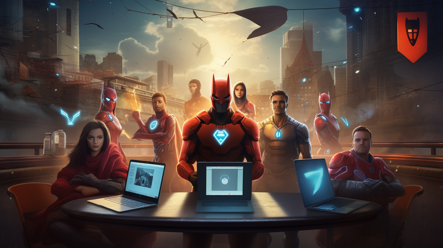 A symbolic image featuring a group of superheroes defending a city from cyber threats, with shields labeled Incident Response Plan and Risk Mitigation