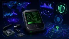 An illustration of an Orbic RCL400 mobile hotspot with a glowing green interface, surrounded by abstract representations of security tools like graphs and maps, set against a dark navy background.
