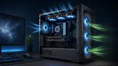 An illustration of a modern computer tower with visible internal fans and components. The fans are illustrated in motion, with airflow dynamics represented by blue and green accents against a dark background.