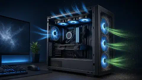An illustration of a modern computer tower with visible internal fans and components. The fans are illustrated in motion, with airflow dynamics represented by blue and green accents against a dark background.