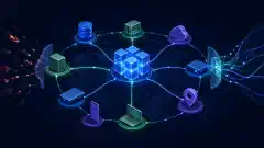 An illustration showing interconnected nodes representing data copies, storage mediums, and locations in blockchain decentralization. The background is deep navy with vibrant blue, green, and purple accents.