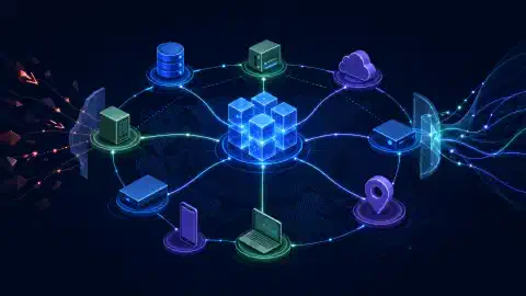 An illustration showing interconnected nodes representing data copies, storage mediums, and locations in blockchain decentralization. The background is deep navy with vibrant blue, green, and purple accents.