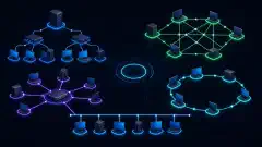 An illustration showing various network topologies with interconnected devices, including hierarchical, mesh, star, ring, and bus designs, all against a dark background with vibrant colors.