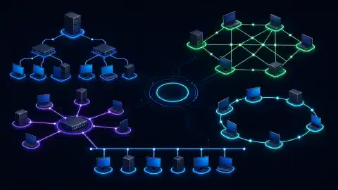 An illustration showing various network topologies with interconnected devices, including hierarchical, mesh, star, ring, and bus designs, all against a dark background with vibrant colors.