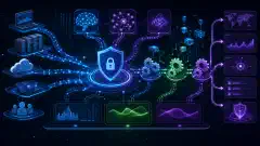 An illustration of a cyber security automation environment, featuring interconnected systems, gears, nodes, and data streams on a dark background, with vibrant blue, green, and purple accents.
