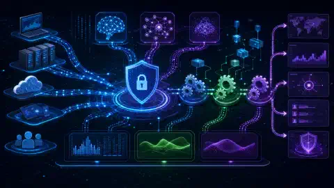 An illustration of a cyber security automation environment, featuring interconnected systems, gears, nodes, and data streams on a dark background, with vibrant blue, green, and purple accents.