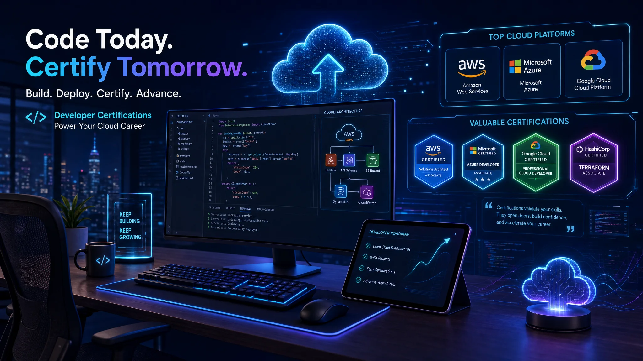 A futuristic workspace for software developers with a sleek computer setup, glowing cloud icons, and certification badges on a dark background. Code snippets and holographic displays enhance the tech ambiance.