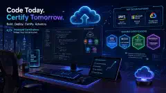 A futuristic workspace for software developers with a sleek computer setup, glowing cloud icons, and certification badges on a dark background. Code snippets and holographic displays enhance the tech ambiance.