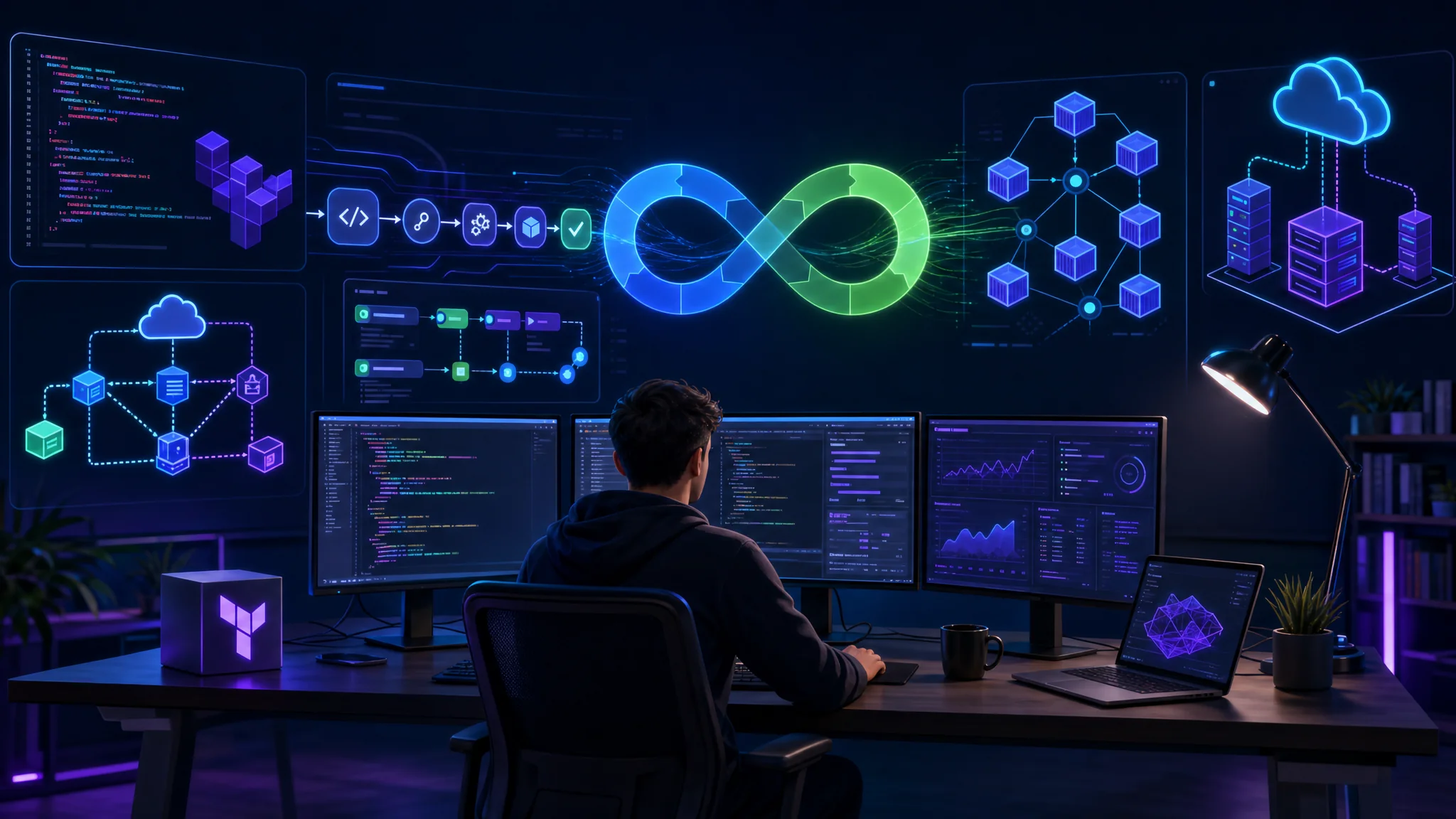 A digital illustration showing a developer at a desk with multiple screens displaying CI/CD pipelines, container orchestration, and Terraform scripts, set in a dark, modern workspace.