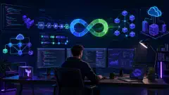 A digital illustration showing a developer at a desk with multiple screens displaying CI/CD pipelines, container orchestration, and Terraform scripts, set in a dark, modern workspace.