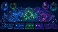 An illustration of a virtual gaming board with tactical elements for a strategy game, featuring colorful character avatars and a dark navy background, designed for a blog cover.