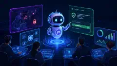 A futuristic AI bot in a digital space, surrounded by holographic displays of cyber scenarios and quizzes, set against a deep navy background with vibrant colors.