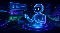 An illustration of a glowing, semi-transparent chatbot figure interacting with colorful holographic chat bubbles in a dark background, symbolizing communication and support.