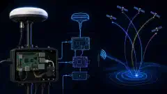 An illustration of a DIY RTKDirect reference station, featuring a Raspberry Pi and GNSS antenna against a dark background. Satellite signals and circuit elements are depicted in vibrant colors.
